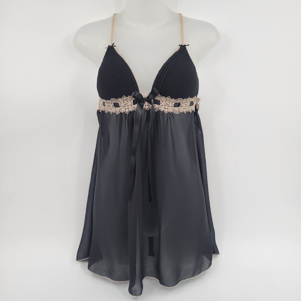 Linea Donatella 2 Pc Lingerie Set Baby Doll Chemise and Thong Black Sheer Small